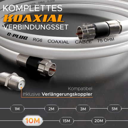 G-PISTIK 10m koaksiaalkaabel RG6 – 135dB neljakordse varjestusega, kullatud pistikute ja kummist O-rõngaga – Antennikaabel DVB-T2, DVB-C, DVB-S2 jaoks – HDTV 4K 3D – Veekindel – Valge