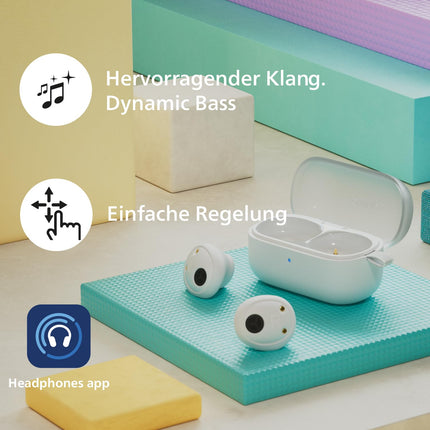 Philips TAT2149WT täiesti juhtmevabad kõrvasisesed Bluetooth-kõrvaklapid - väikesed nupud. Suurepärane hinna ja kvaliteedi suhe. Looduslik heli. Dünaamiline bass, taskukohane laadimisümbris, selged kõned - valged