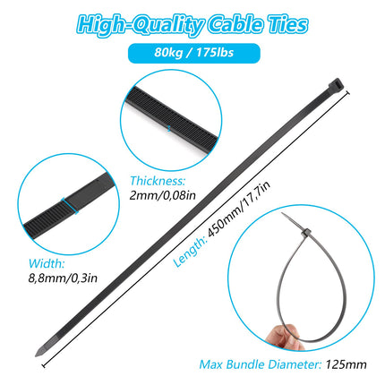 YAYODS 150 tk suuri musta kaablisidemeid - 450 x 8,8 mm laiad kaablisidemed, tõmbetugevus 80 kg - kuumakindlad kaablisidemed, UV-kindlad kaablisidemed, pikk komplekt - vastupidavad kaablisidemed kaablihalduseks