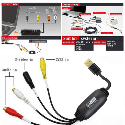 Amtake VHS USB 2.0 videograbber, VHS digiteerimisseadme muundur, heli- ja videokaart, vana VHS Mini DV Hi8 DVD videomaki digitaalmuundur Macile, Windows 2000, XP, WIN7/8/10/11, Vistale