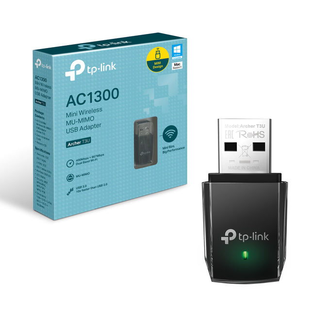 TP-Link Archer T3U AC1300 USB WLAN Stick Adapter (up to 867 Mbps on 5GHz and 400 Mbps on 2.4GHz, USB 3.0, MU-MIMO, Compatible with Windows 11/10/8.1/8/7/XP, Mac OS 10.15 and earlier)