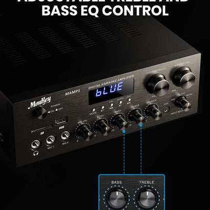 Amplifier, Moukey Bluetooth Power Amplifier Dual Channel Audio Stereo Receiver with USD, SD, AUX, MIC IN with Echo, Radio, LED For Karaoke, Home Theater, MAMP1