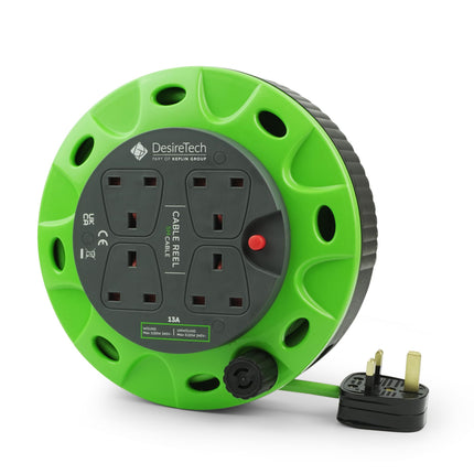 Desiretech Portable Extension Cord for Cable Reel - 4 Outlets, Thermal Cutout, Ergonomic Handle, Green/Black, Heavy-Duty Indoor Extension Cord (5 m)