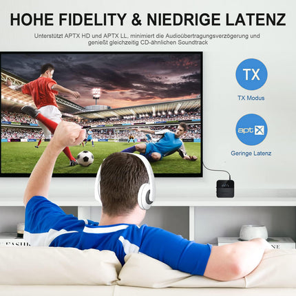 SONRU Bluetooth-saatja-vastuvõtja telerile, Bluetooth-heliadapter, AptX HD madala latentsusega Bluetooth-saatja kahele kõrvaklapile, kõlariga stereosüsteemile, pika leviala, TOSLINK/RCA/AUX/optiline