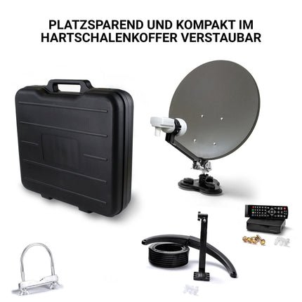 XORO 38,5 cm matkasatelliitantenn MCA 38 HD komplekt, sh FullHD DVB-S2 vastuvõtja, üks LNB integreeritud satelliidiotsijaga, 10 m kaabel, kronsteinid, kõvas kohvris