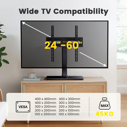 Pööratav telerialus, universaalne telerialus 32–60-tollistele LED LCD-teleritele ja kumeratele teleritele kuni 40 kg, kõrgusega reguleeritav telerialus, max VESA 400x400 mm
