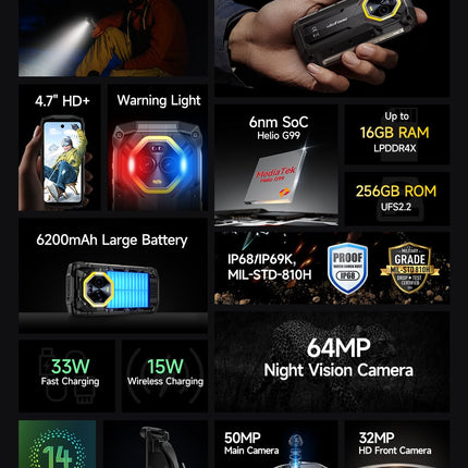 Ulefone Armor Mini 20 4G õues kasutatav nutitelefon, peopesasuurune, Helio G99 16GB+256GB, 6200mAh aku, juhtmevaba laadimine, 64MP+50MP öönägemiskaamera, 4.7" HD+90Hz, IP68 veekindel, Android 14, NFC