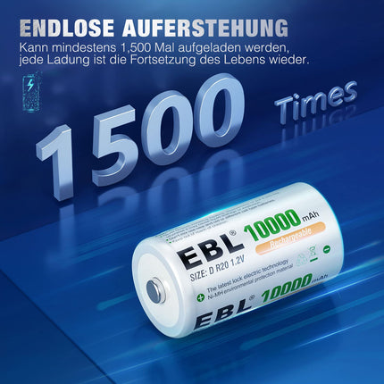 EBL D battery 10000 mAh, Type D rechargeable NI-MH battery 6 pieces, Mono D battery