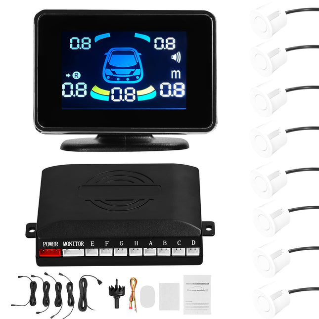 Shkalacar Parking Sensor, Front Rear Reversing Aid with 8 Parking Sensors, Distance Detection, LCD Distance Display, Supports Acoustic Warning/Buzzer/Mute, Parking Sensor for 12V Vehicles, White