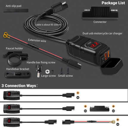 Kriogor kahe USB-pordiga mootorratta autolaadija, 3.0 kiirlaadija ja 6-30 V LED-voltmeeter sõltumatu lülitiga, IP65 veekindel autolaadija 12 V paadile, maasturile, merele