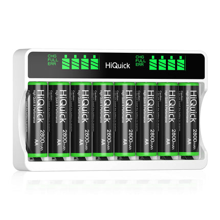 HiQuick akulaadija 8 AA patareiga, Mignon AA, Micro AAA NI-MH/NI-CD laetavatele akudele, 8 laadimispesa ja LCD-ekraaniga