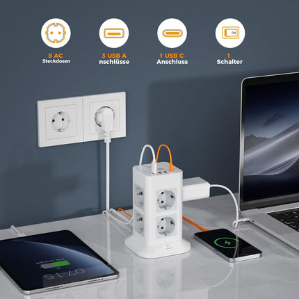 TESSAN 8-suunaline pikendusjuhe USB C ja 3 USB A pistikuga, 5M pikenduskaabel, pikendusjuhe ülepingekaitsega, mitu pistikut lülitiga koduseks kasutamiseks, võimsusmast 3600W