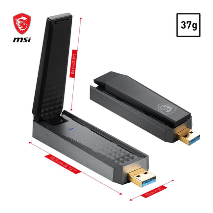 MSI AX1800 WiFi 6 kahesageduslik USB-adapter - WiFi kuni 1800 Mbps (5 GHz, 2,4 GHz traadita), USB 3.2 Gen 1 Type-A, MU-MIMO, reguleeritav antenn, kiirguse kujundamine, WPA3 - juhtmega kinnitus kaasas