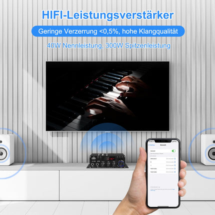 HiFi Stereo Amplifier Receiver for Home Speakers, AK-390 Bluetooth 5.0 Mini Audio Amp 2.0 Channel RMS 40W x 2 Audio Component Amplifier with 12V/5A Adapter, FM Radio, (BT, USB, AUX, Mic) Input