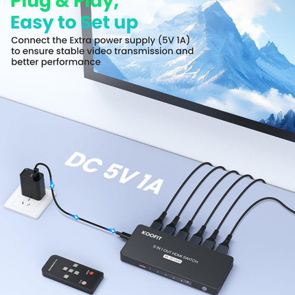 HDMI-lüliti 4K, HDMI-jaotur 5 sisendit ja 1 väljundit koos IR-kaugjuhtimispuldiga, lüliti 5 pordi valikukast toetab HDCP 2.2 HDR10 3D 18Gbps 4K 3D HDR-i teleripulgale HDTV Xboxile