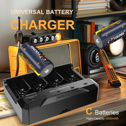 Rechargeable C Battery 4-pack Rechargeable C Battery 1.5 Volt USB Lithium 5500mWh with Universal Battery Charger Batteries for All Batteries AA AAA CD