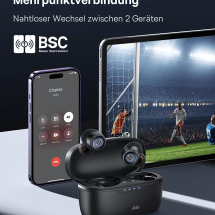 Baseus Bluetooth kõrvaklapid juhtmevabad -48dB hübriidse aktiivse mürasummutusega, 140 tundi mänguaega, IPX6 veekindlus, 4 ENC mikrofoni, 0,038 s madal latentsus, Bluetooth 5.3 - Bowie MA10