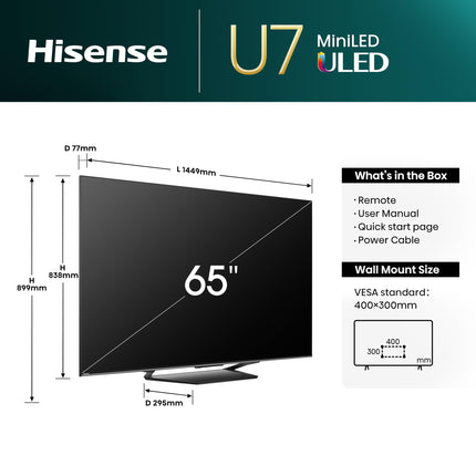 Hisense 65U7NQ 164 cm (65-tolline) televiisor, 4K Mini LED ULED HDR nutiteler, Quantum Dot, 120Hz/144Hz VRR, HDMI 2.1, Game Mode Pro, Dolby Vision IQ ja Atmos, Bluetooth, sisseehitatud Alexa, antratsiithall, [2024]