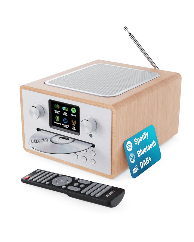 Internetiraadio CD-mängija ja DAB Plus-iga | Köögiraadio Bluetoothi ​​ja FM-raadioga | Digitaalraadio WiFi koos Spotify Connecti ja taskuhäälingutega | EQ, värviline ekraan, pult kaasas | MAJORITY Homerton (tamm)