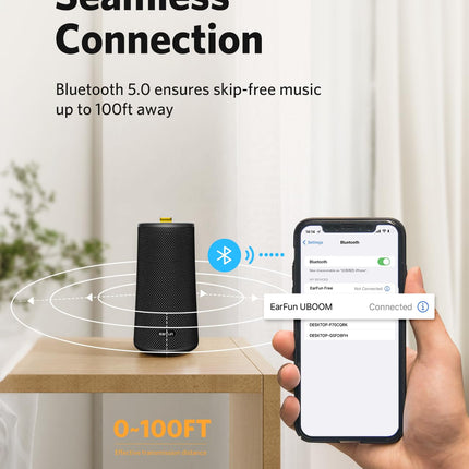 EarFun UBOOM Bluetooth Speaker, 24W Deep Bass, 360° Stereo Sound, IPX7 Water Resistant, Mini Music Box, Portable, USB-C Fast Charging, Wireless Speaker, 16 Hours Playtime for Indoor and Outdoor Use