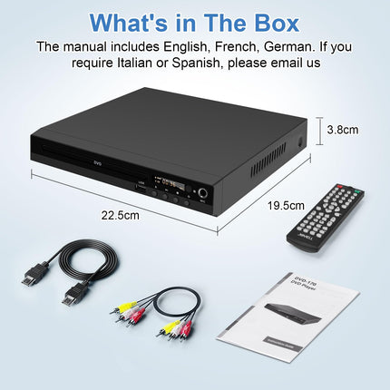 Kompaktne DVD-mängija Scart-ühendusega, regioonivaba HD DVD CD-mängija 1080P HDMI-väljundiga, AV-väljundiga, integreeritud PAL NTSC TV-süsteem, toetab mikrofoni sisendit, USB-sisendit (DVD-170 Scart-ühendusega)