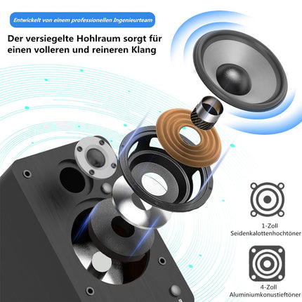 Aktiivne Bluetooth-riiulikõlaripaar - HiFi-kõlar 100W RMS - USB/AUX/optiline sisend/koaksiaalsisend/RCA-sisend - 4" kesksagedus-bass ja 1" kõrgsageduskõlar - kompaktne riiulikõlar - must