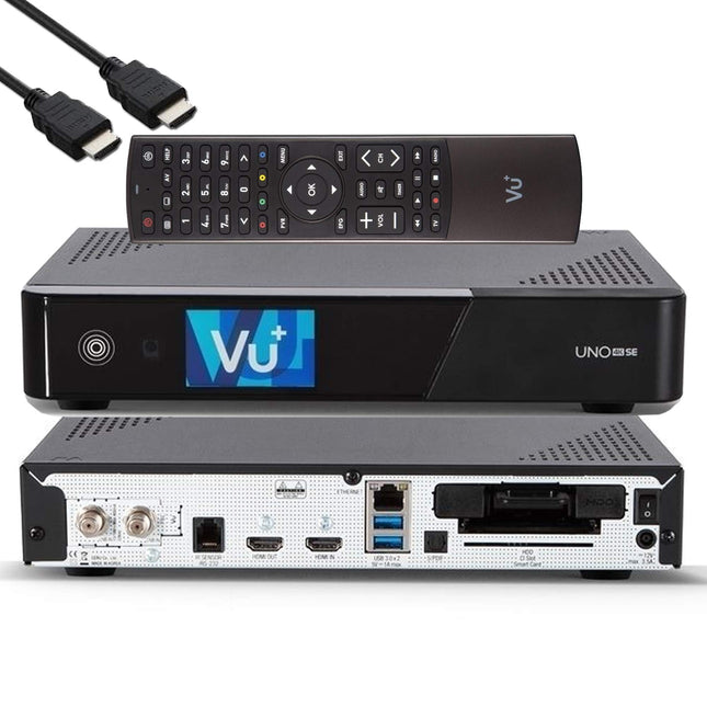 VU+ UNO 4K SE - UHD HDR 1x DVB-S2 FBC Sat Twin Tuner E2 Linux Receiver, TV Box, YouTube, Satellite Hard Drive Receiver, CI + Card Reader, Media Player, USB 3.0, incl. EasyMouse HDMI Cable