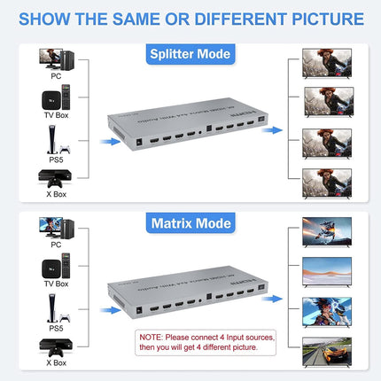 4x4 HDMI Matrix Splitter 4K@60Hz with Audio Extractor 4 in 4 Out Matrix Splitter Support HDCP2.2 EDID HDR 18Gbps RS232 Remote Control