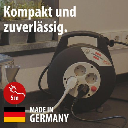 Brennenstuhl Vario Line kaablikarp 4-suunaline/minikaablirull (5m kaabel, valmistatud Saksamaal) must/hall