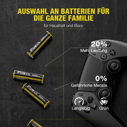 POWXS AA and AAA Battery Set - 16 Pack Rechargeable Batteries, Super High Capacity 2800mAh Mignon AA x 8 &amp; 1100mAh Micro AAA x 8 Batteries No Memory Effect, Pre-charged and Ready to Use Accu