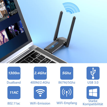 USB WiFi-pulk, ElecMoga 1300Mbps USB 3.0 WiFi-adapter 2.4GHz/5.8GHz kahesageduslik internet 2 x 5dBi antenniga arvuti/lauaarvuti/sülearvuti jaoks, ühildub Windows 11/10/8/7/Vista/XP ja Mac OS-iga