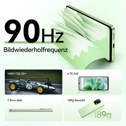 UMIDIGI G9C 50MP nutitelefon lukustamata Android 14-12(6+6) GB+128GB mobiiltelefon 6,75-tolline 90Hz ekraan, 5000mAh, 2,2GHz protsessor, 4G kahe SIM-kaardiga, kaasas laadija, Bluetooth 5.4/Face ID/GPS/NFC-roheline