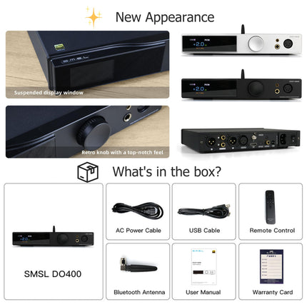 SMSL DO400 täielikult tasakaalustatud DAC kõrvaklapivõimendi, ES9039MSPRO XMOS-XU316 USB MQA DAC Bluetooth 5.1/USB/AES/Opt/Coax/IIS sisend 4.4mm/6.35mm/4-XLR väljundvõimendi kaugjuhtimispuldiga (hõbedane)