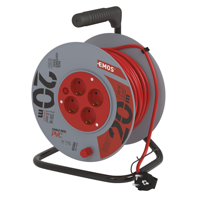 EMOS - Kaablirull 20m - 4 Schuko pistikupesa - 230 V, 10 A, 2300 W - kvaliteetne PVC isolatsioon - H05VV-F3G 1.0 mm² - ülekuumenemiskaitse, rullpidur - IP20 sisekasutuseks