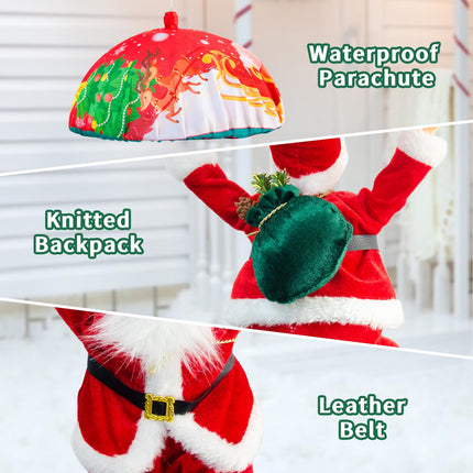Santa Claus parachute fairy lights, 63CM 70 LED Christmas fairy lights plug in with timer, 8 modes, Christmas lights for indoor and outdoor Christmas decorations, windows, Christmas trees, balconies (warm white)