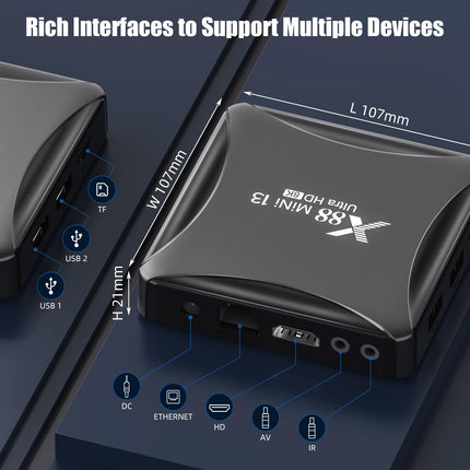 Android TV Box 13.0, Android Box 4 GB RAM 32 GB ROM RK3528 neljatuumaline 64-bitine Cortex-A53 protsessor Toetab 2.4/5.0 GHz kahesageduslikku Wi-Fi 10/100M Etherneti USB 2.0 HD 8K