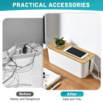 Lannvan Cable Box - Set of 3 made of ABS plastic with bamboo lid - Desk organizer for hiding cables - Cable management box large, medium &amp; small (white)