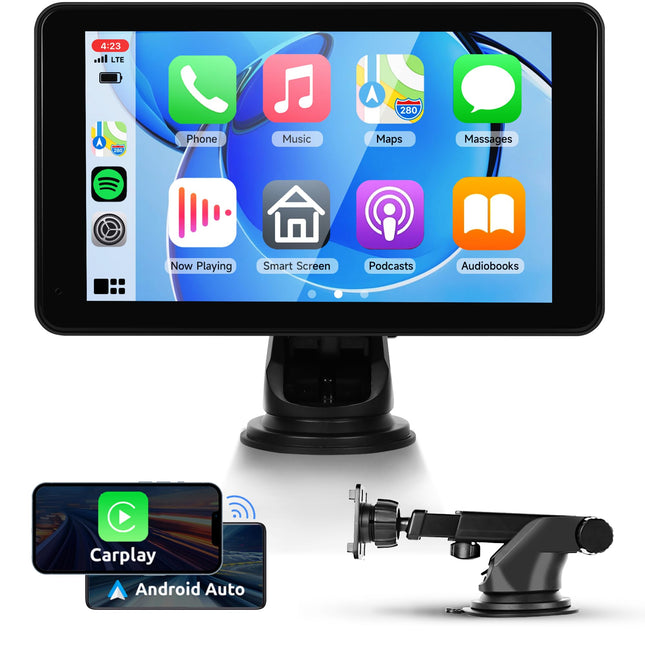 Wireless Carplay &amp; Android Auto Display, Portable Car Radio with 7 inch HD IPS Touchscreen Carplay Display with Android Auto Airplay Android Cast Air Drop Bluetooth/FM Transmission/AUX/Video Website 7-32V