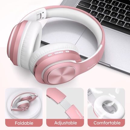 TuneFlux Bluetooth kõrvaklapid, 80 tundi aku tööiga, juhtmevabad Bluetooth kõrvaklapid 3 ekvalaiseri režiimiga, HiFi stereo, sisseehitatud mikrofon, kokkupandavad juhtmevabad kõrvaklapid - roosakuldne