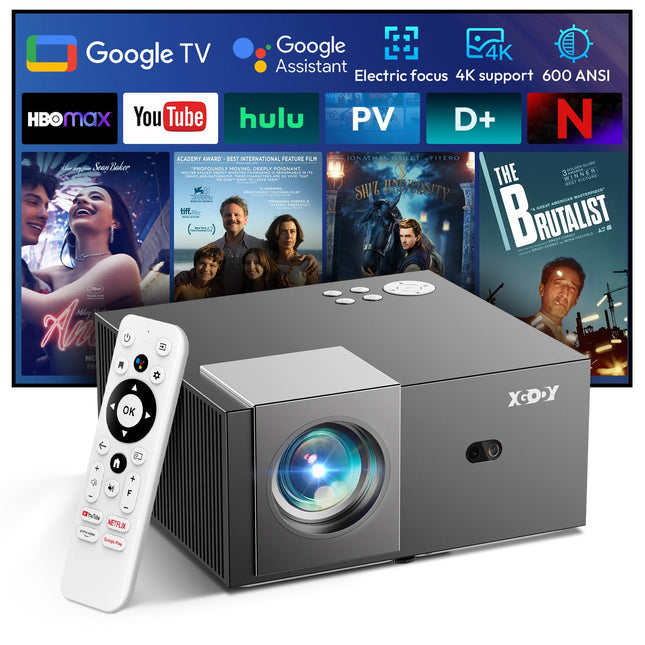 Projektor Google TV-ga, XGODY Sail2 600ANSI elektrilise fookusega nutiprojektor, natiivne 1080P Bluetooth WiFi projektor, 4K, automaatse korrektsiooniga kodukino pulgaga, eelinstallitud Netflix, 7000+ rakendust.
