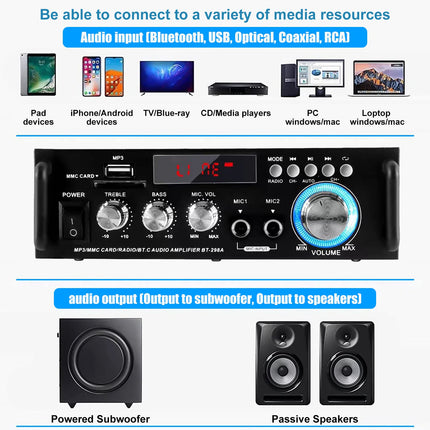 Etlephe Mini Amplifier, HIFI Amplifier, Bluetooth 5.0 Stereo Audio, 12 V 220 V 600 W, 2 Channels, LCD Display, High Fidelity, Portable FM Radio, SD/USB Card Input, for Home or Car