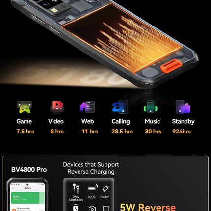 Blackview IP68 õue nutitelefon BV4800 PRO, 12GB+128GB (1TB laienduskaart), 6.56'' HD+ 120Hz, 16MP+8MP+5MP, 3 kaardipesa, Android 14 DUAL SIM nutitelefon, vastupidav, sõrmejäljelugeja, GPS, NFC, oranž