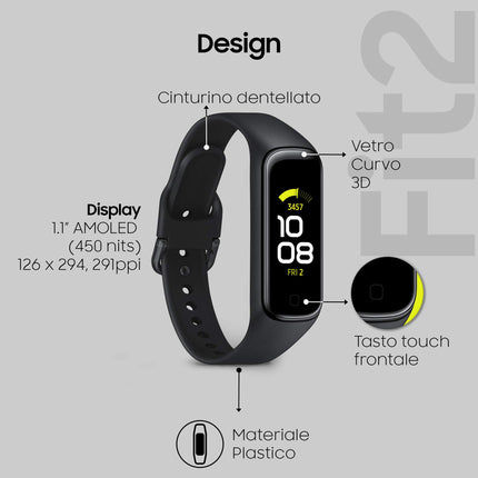Samsung Galaxy Fit2, 1.1-inch AMOLED color display, fitness bracelet, waterproof fitness watch, up to 21 days battery life, sleep analysis, black (Italian version)