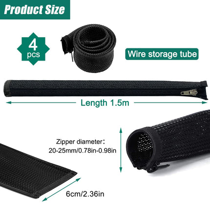 4 pieces x 1.5m cable duct desk flexible management, cable management black with zipper, diameter 2-2.5cm, cable sleeve cable cable organizer management for PC cable protection