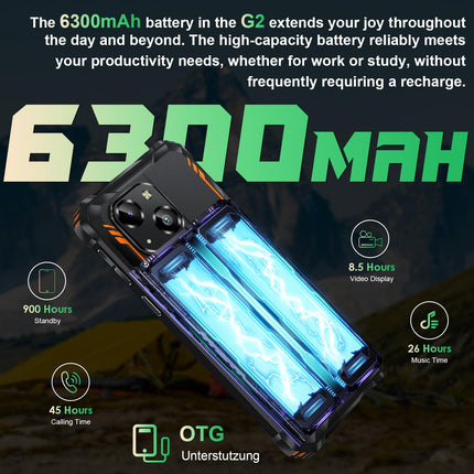 OUKITEL G2 (2025) Android 14-16GB+64GB/1TB välistingimustes kasutatav nutitelefon ilma lepinguta, 6300mAh ehitusplatsi mobiiltelefon, 6.0" HD+ ekraaniga nutitelefon, 13MP kaamera, 4G kahe SIM-kaardi pesa/IP68/IP69K/OTG/FACE ID