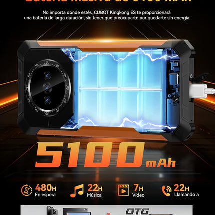 Cubot Kingkong ES – 6,56-tolline HD+ nutitelefon, 16 GB (6 GB + 10 GB) RAM ja 128 GB ROM, 48 MP kolmekordne kaamera, 5100 mAh aku, Android 14, kaheksatuumaline protsessor, värv must + oranž