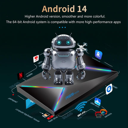 Android 14.0 teleriboks, Android Box 2GB RAM 16GB ROM WIFI6 1000M Ethernet 4K 8K HDR10 kiibistik Allwinner H728, tugi 2.4G/5.8G kahekordne WiFi BT5.0 USB 2.0 USB 3.0 teleriboks Android