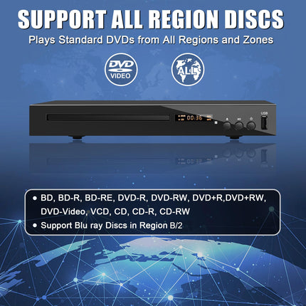 HD Blu-ray mängija, kompaktne Blu-ray plaadimängija HD 1080P DVD-mängija telerile HDMI-väljundi, AV-väljundi, koaksiaalväljundi ja USB-sisendiga, esitab B/2 regiooni Blu-ray plaate ja mitme regiooniga DVD-plaate