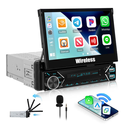 Juhtmevaba CAMECHO 1 DIN Carplay Android Auto, 7-tollise automaatse ekraaniga autoraadio Bluetoothi ​​ja vabakäesüsteemiga, kiirlaadimisega, peegliühendusega, FM Type-c/SD/AUX-sisendiga