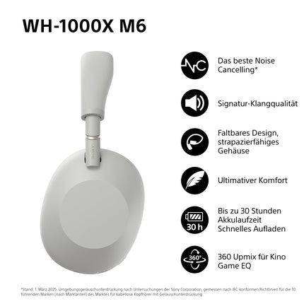 Sony lipulaev WH-1000XM6 mürasummutavad juhtmevabad kõrvaklapid, iseloomulik kõrglahutusega heli, ülim mugavus, kokkupandav disain, vastupidav ümbris, 30-tunnine aku, iOS ja Android - hõbedane